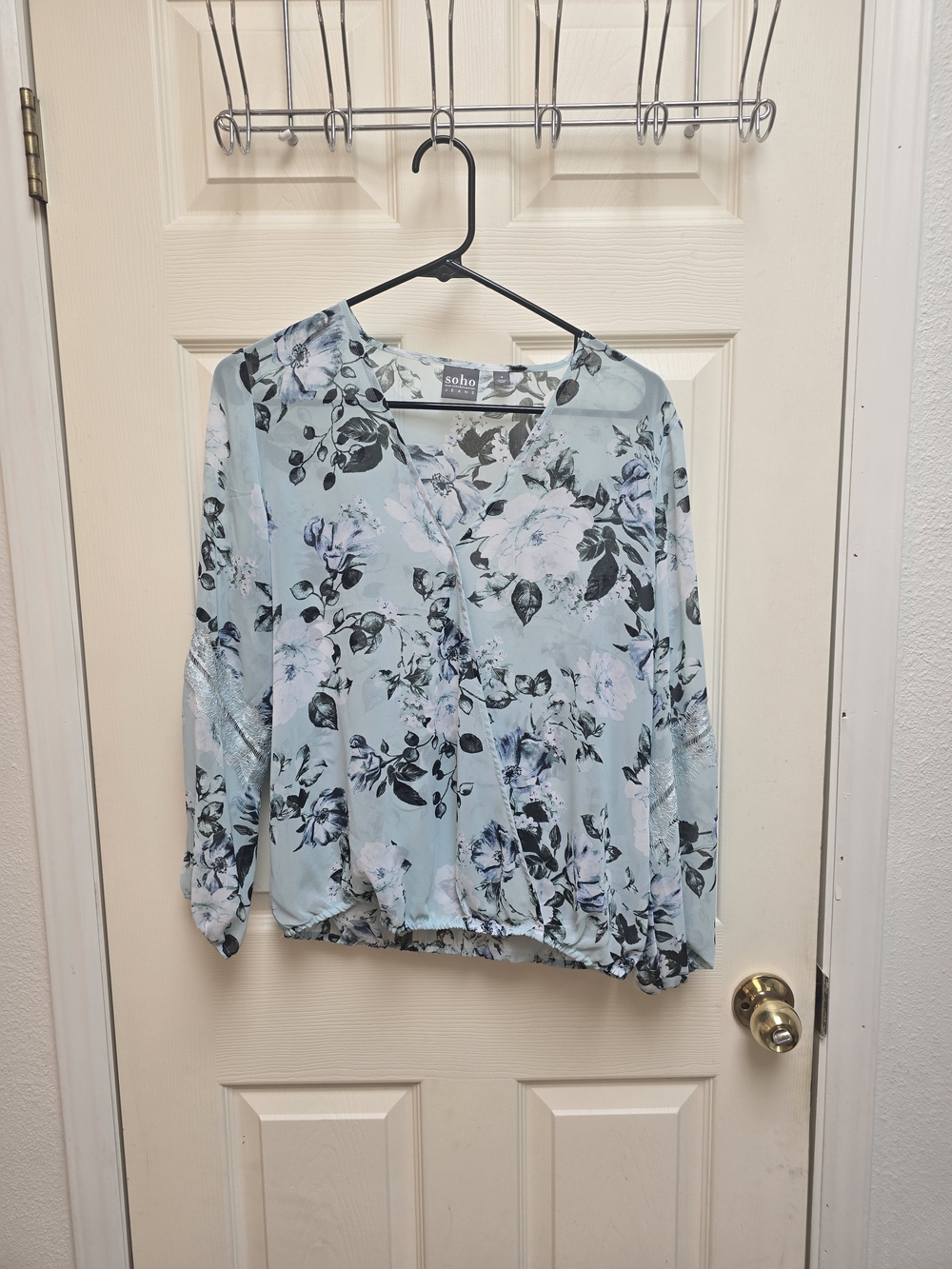 Soho Pale Blue Floral Wrap-Style Blouse